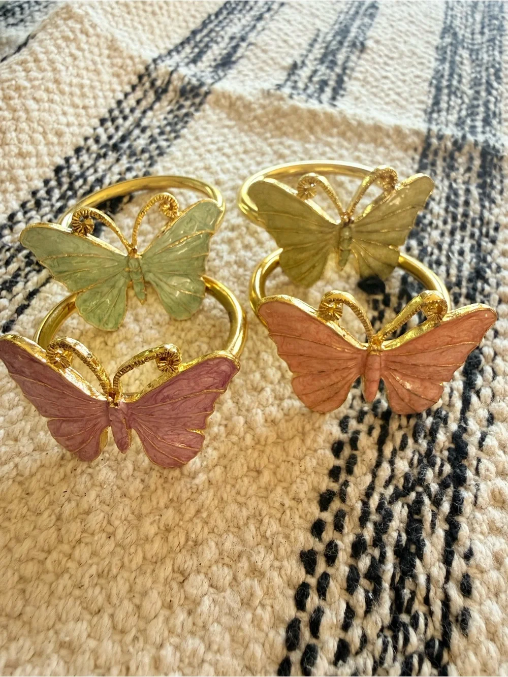 Set of 4 Gold Tone Enamel Butterfly Napkin Rings Pink Green Blue Metal